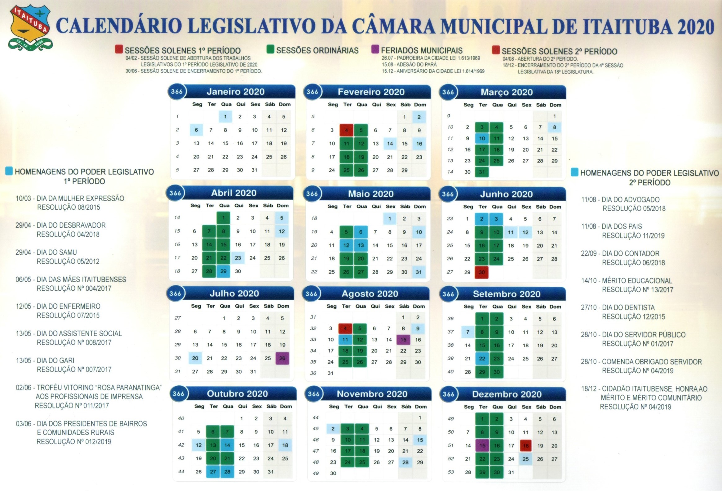 CALENDÁRIO LEGISLATIVO 2020