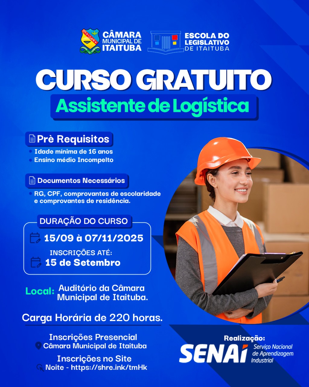 CÂMARA MUNICIPAL, EM PARCERIA COM SENAI, OFERECE CURSO GRATUITO DE ASSISTENTE DE LOGÍSTICA POR MEIO DA ESCOLA DO LEGISLATIVO